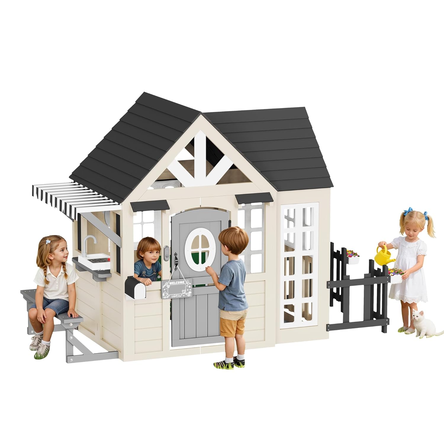Kids Outdoor Playhouse - Wooden Outdoor Playhouse Kitchen Mailbox Waterproof