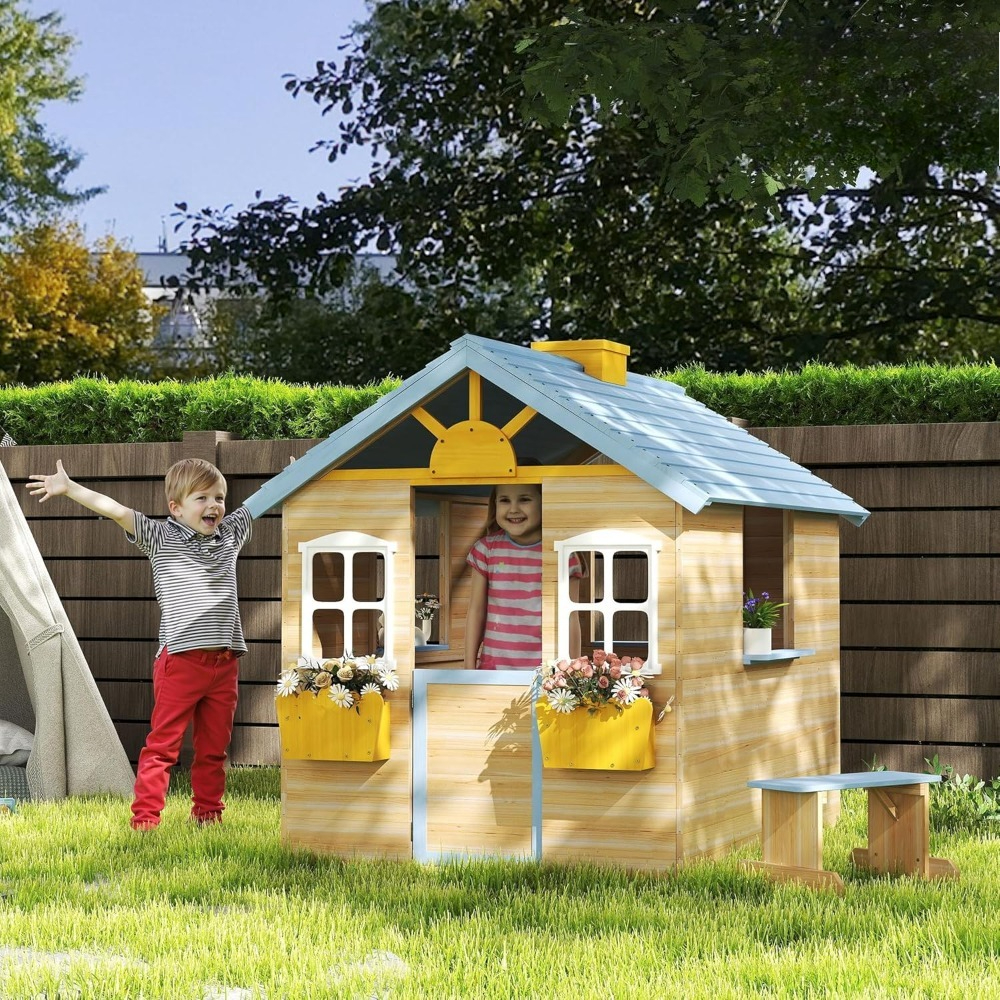Kids Outdoor Playhouse - Outdoor Garden Wooden Playhouse with Operable